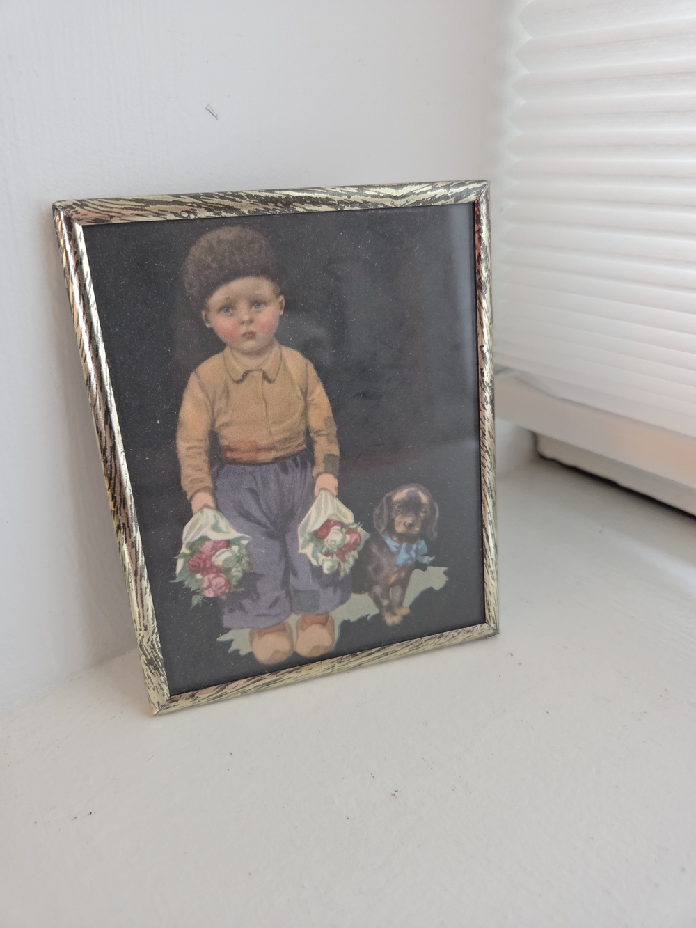 1940 Dutch Boy With Dog Framed Litho Print Made In USA 4x5  Art Work
